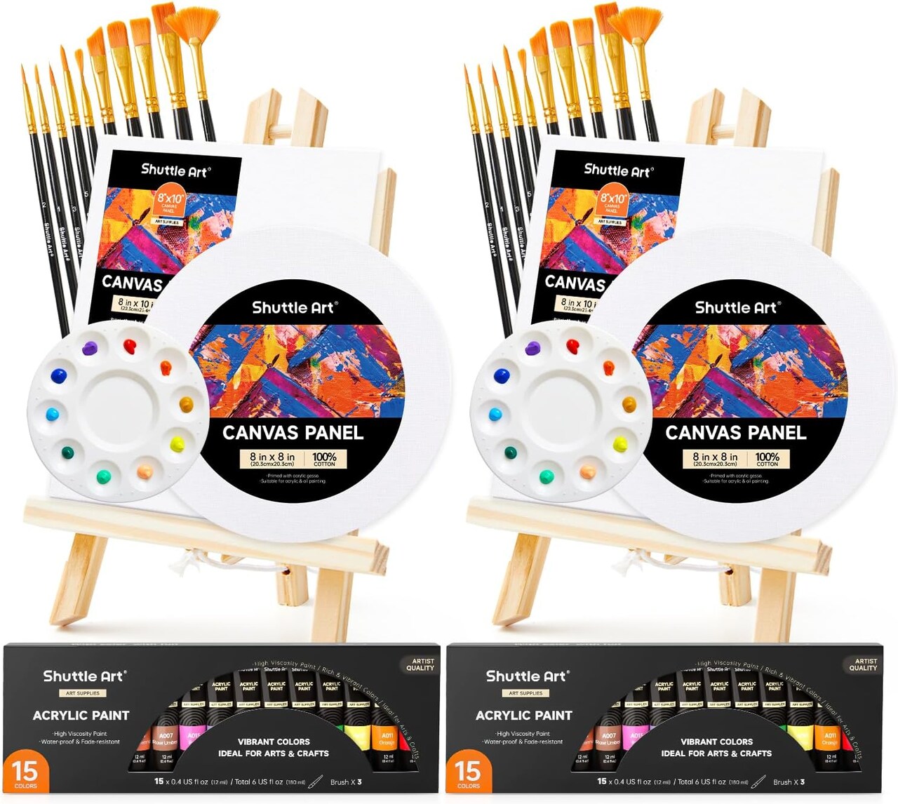 58 Pack Acrylic Paint Set, Painting Kit with 2 Pack of 15 Colors Acrylic Paint, 2 Sets of Wooden Easels, Canvas, Brushes & Palettes, Art Painting Supplies Kit for Adults Kids Beginner